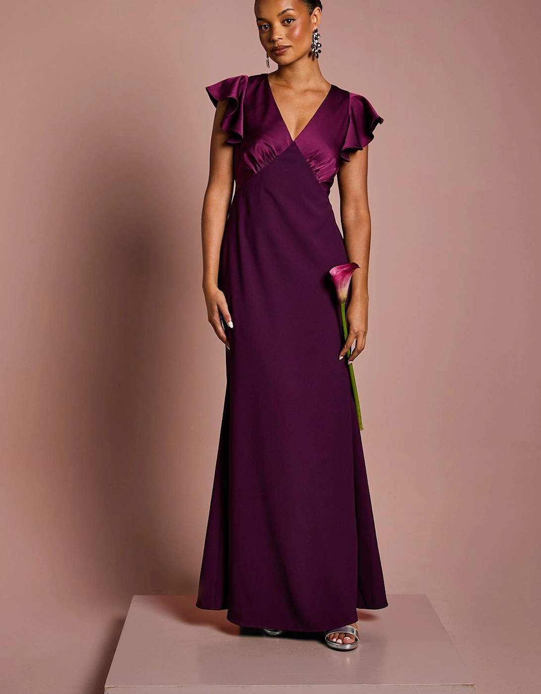 Honoured Petite V Neck Angel Short Sleeve Satin Maxi Bridesmaid Dress, 2 of 1