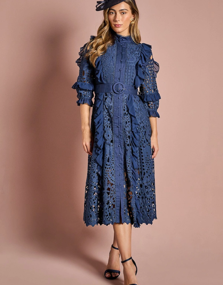 Lace Ruffle Shirt Dress With Tie