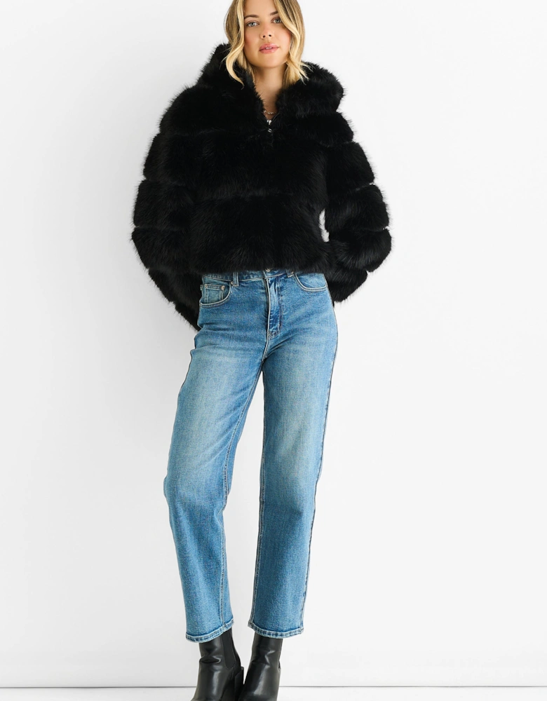 Black Panel Faux Fur  Zip Front Jacket