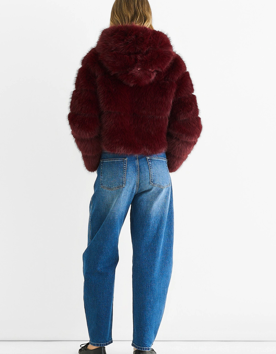 Burgundy Panel Faux Fur Zip Front Hooded Jacket