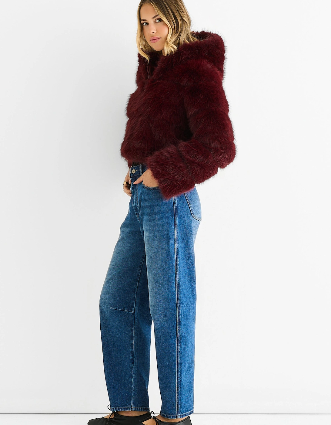 Burgundy Panel Faux Fur Zip Front Hooded Jacket