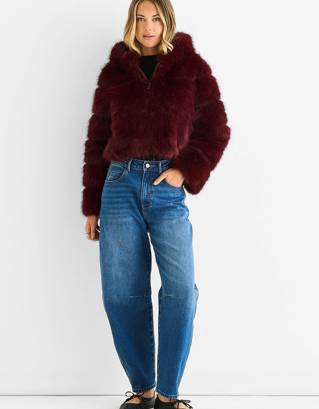 Burgundy Panel Faux Fur Zip Front Hooded Jacket, 5 of 4