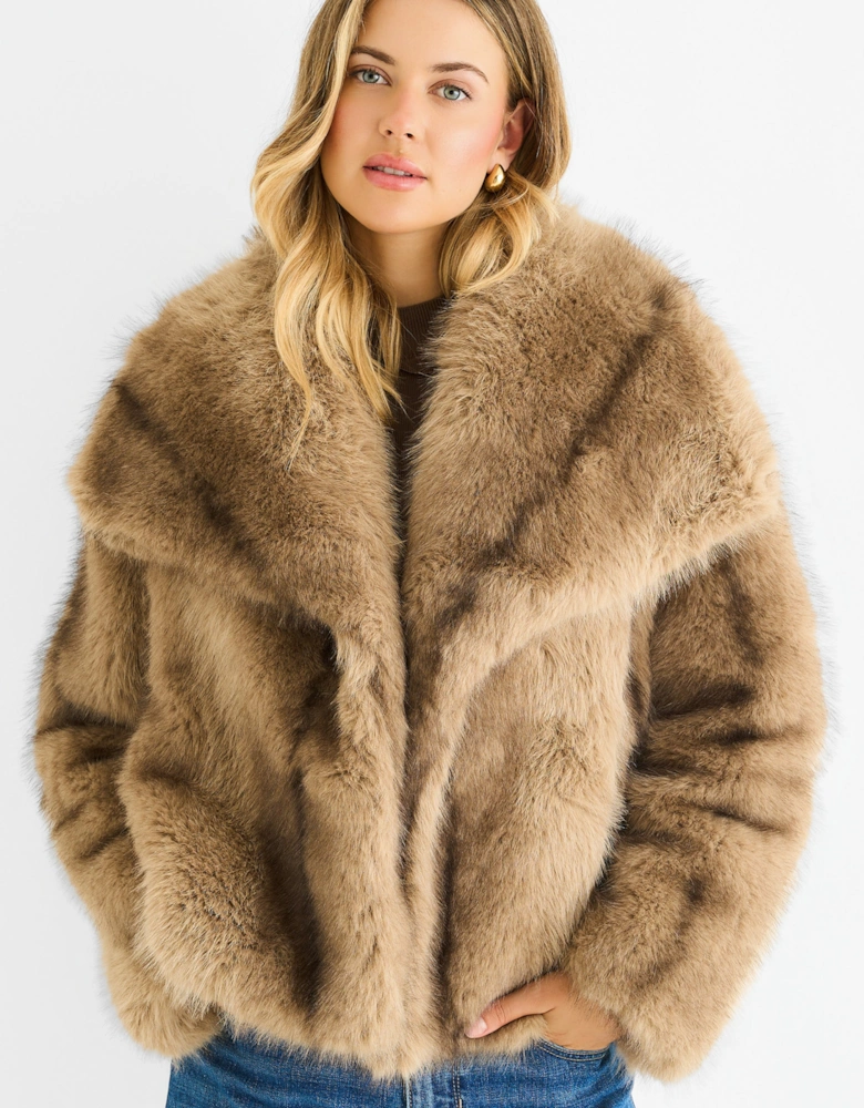Camel Ombre Lapel Faux Fur Jacket