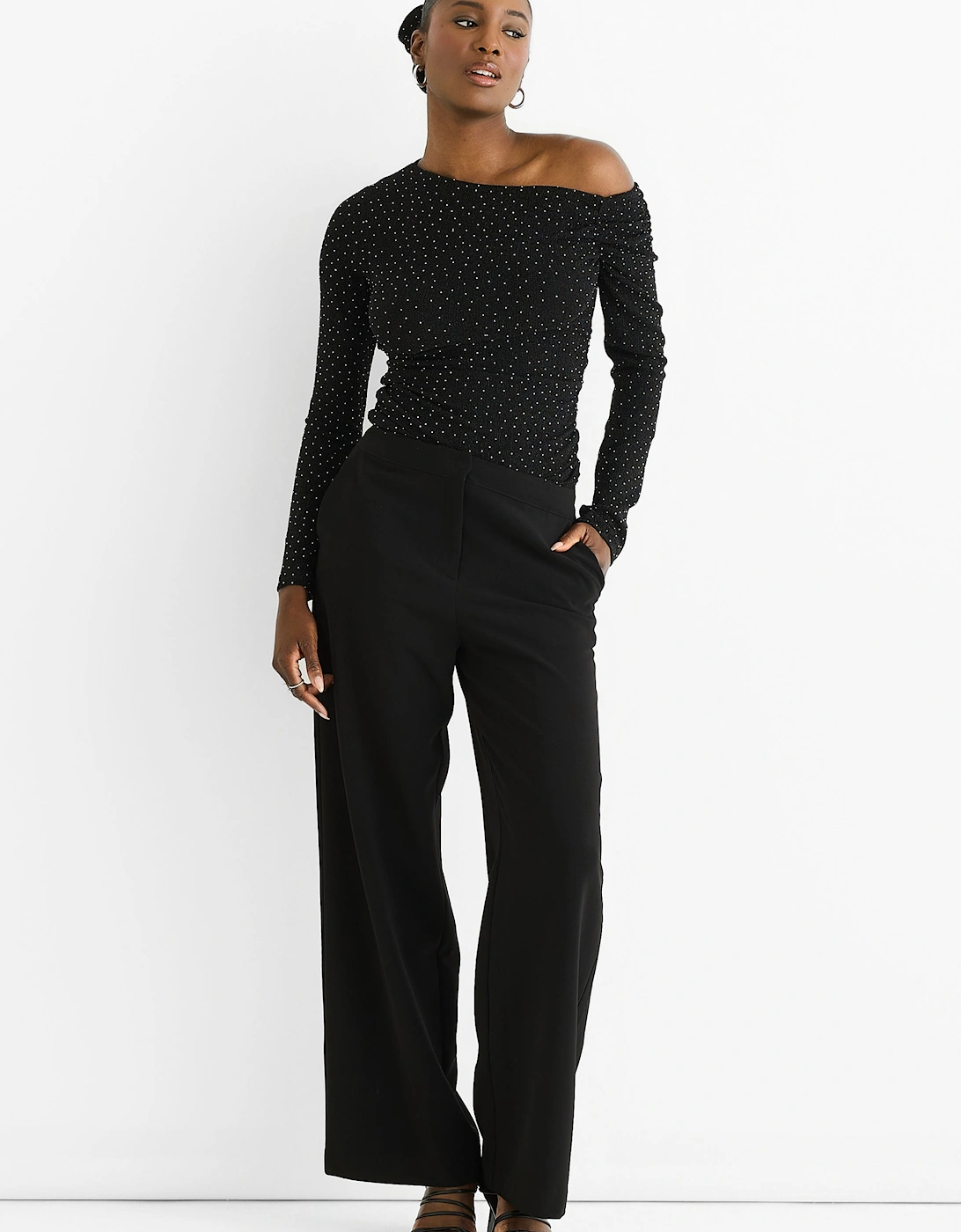 Black Diamante Slash Neck Top