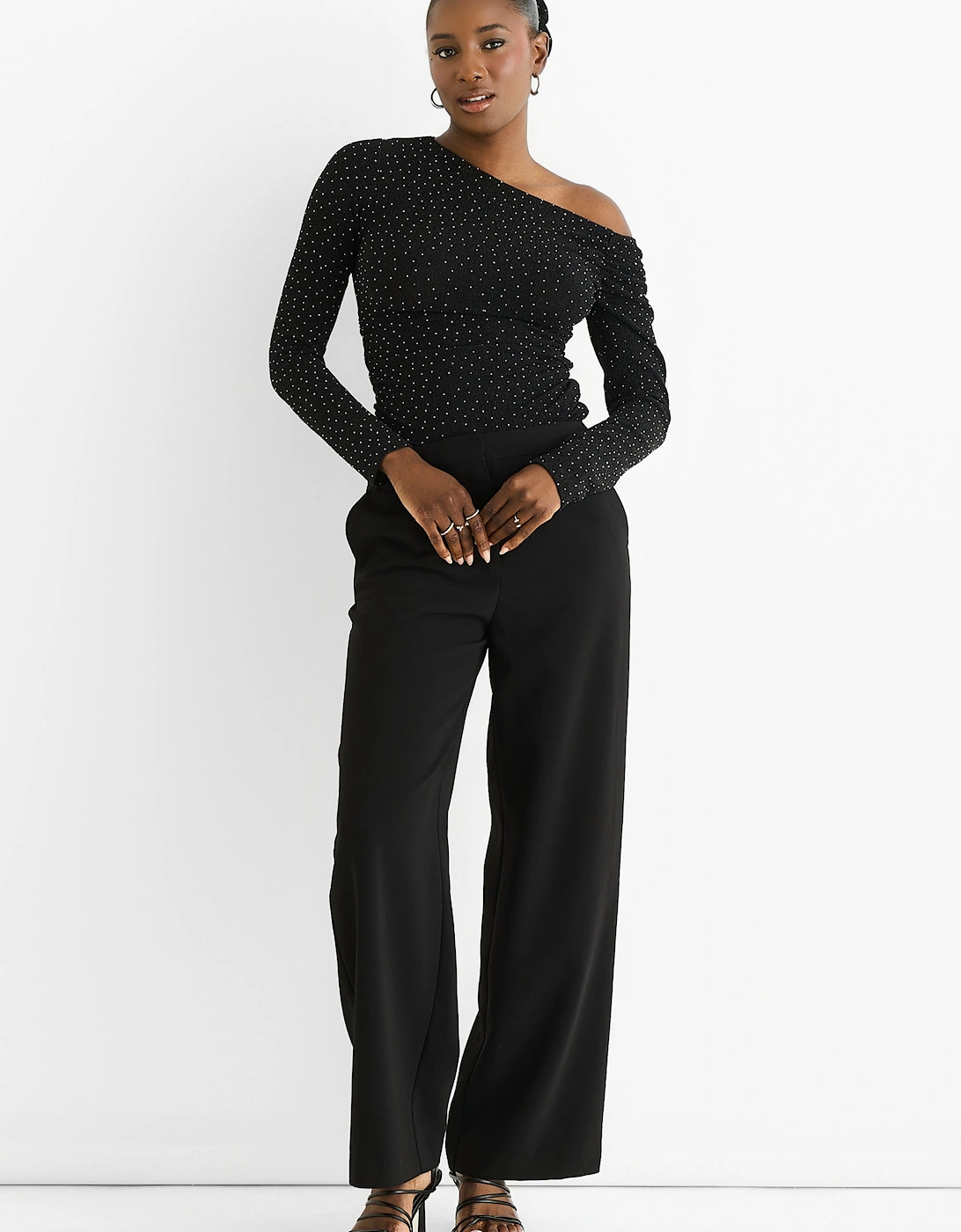 Black Diamante Slash Neck Top