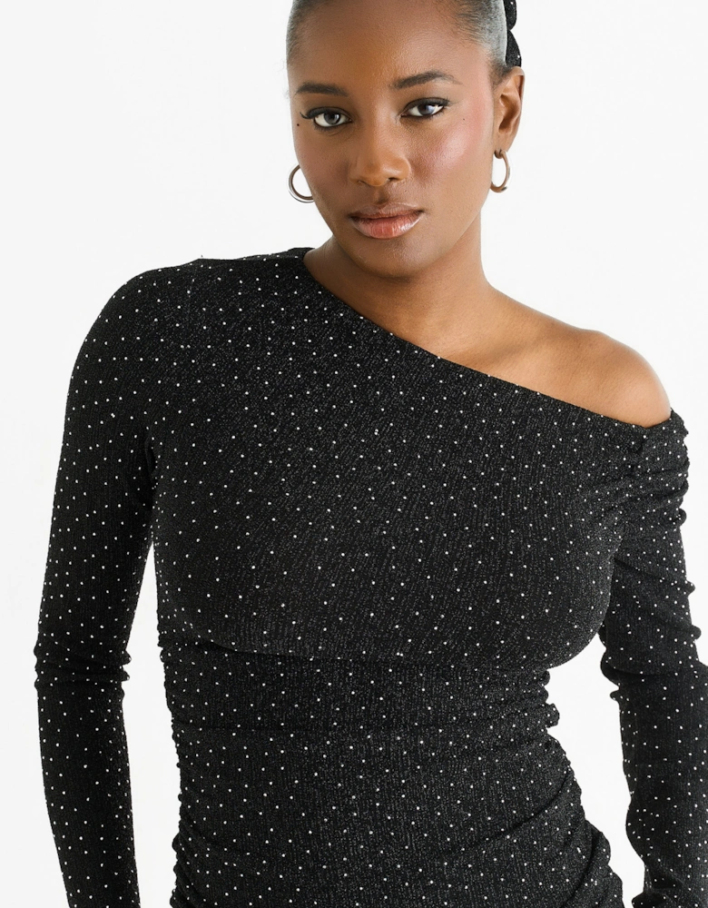 Black Diamante Slash Neck Top