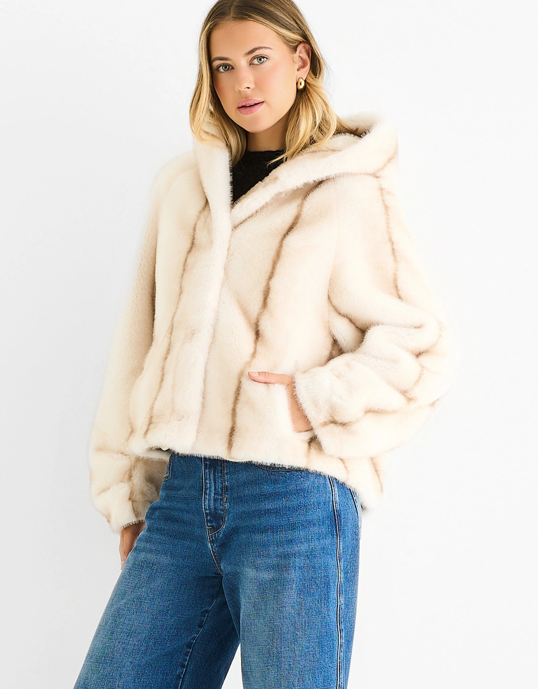 Cream Ombre Hooded Faux Fur Jacket