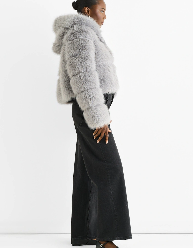 Light Grey Panel Faux Fur Zip Front Hooded Jacket