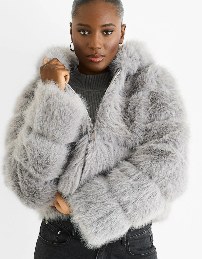 Light Grey Panel Faux Fur Zip Front Hooded Jacket