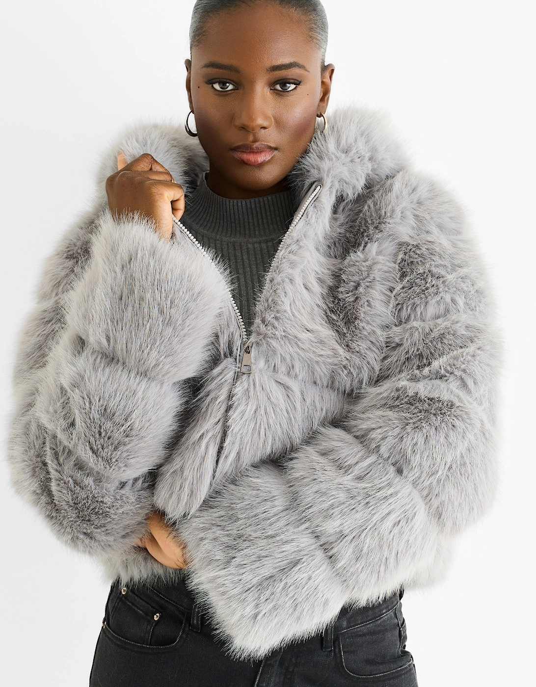 Light Grey Panel Faux Fur Zip Front Hooded Jacket, 5 of 4