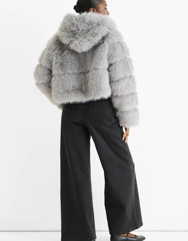 Light Grey Panel Faux Fur Zip Front Hooded Jacket