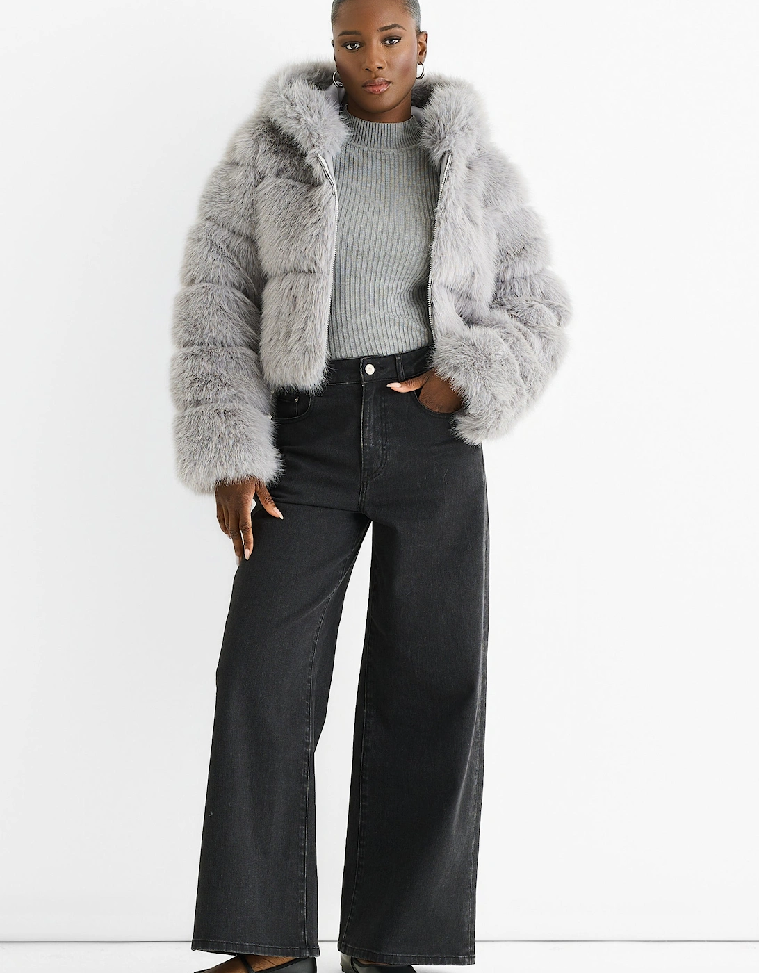 Light Grey Panel Faux Fur Zip Front Hooded Jacket
