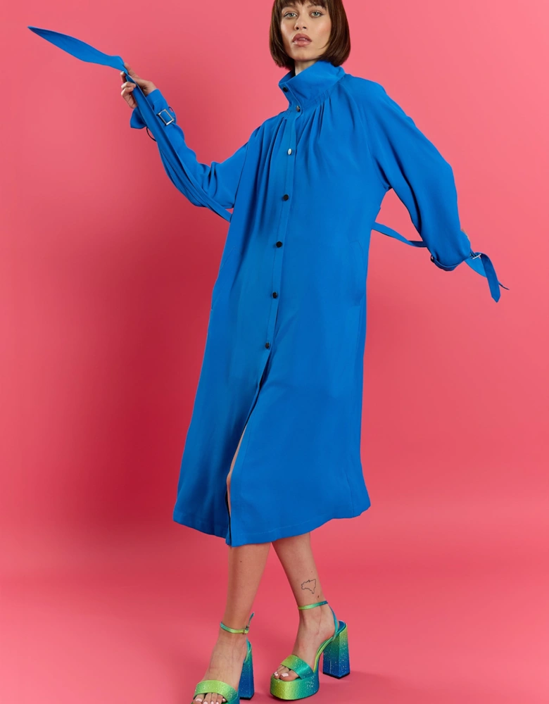 Blue Hemp Lyocell Blend Turtleneck Trench Dress