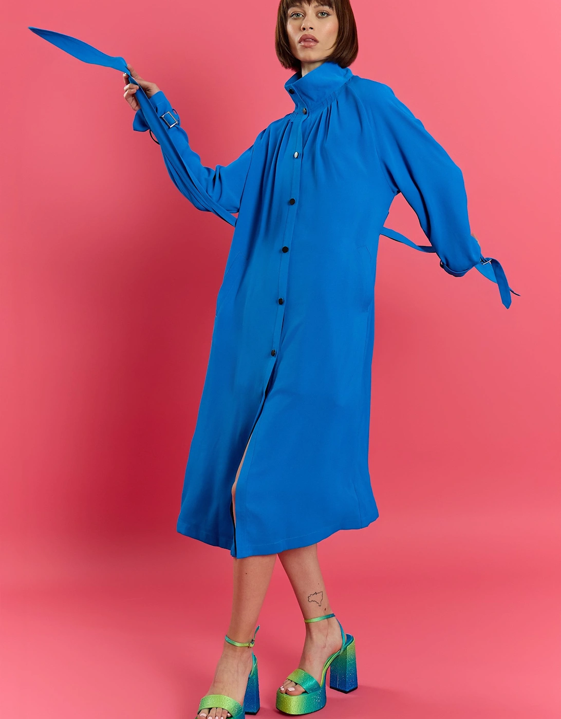 Blue Hemp Lyocell Blend Turtleneck Trench Dress, 5 of 4