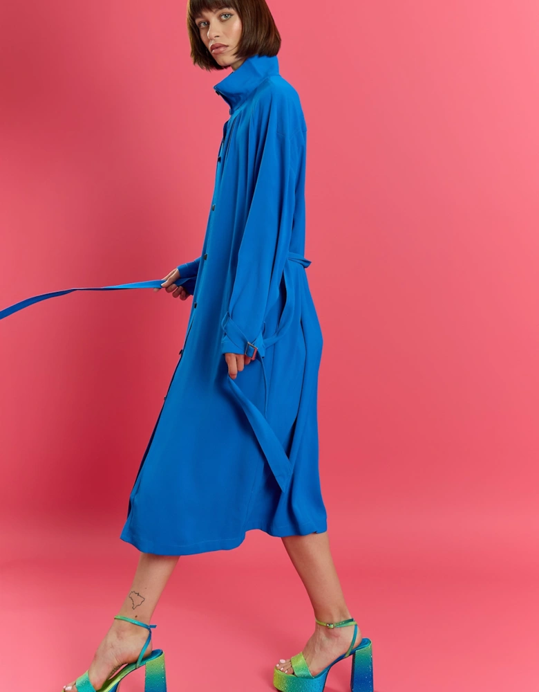 Blue Hemp Lyocell Blend Turtleneck Trench Dress