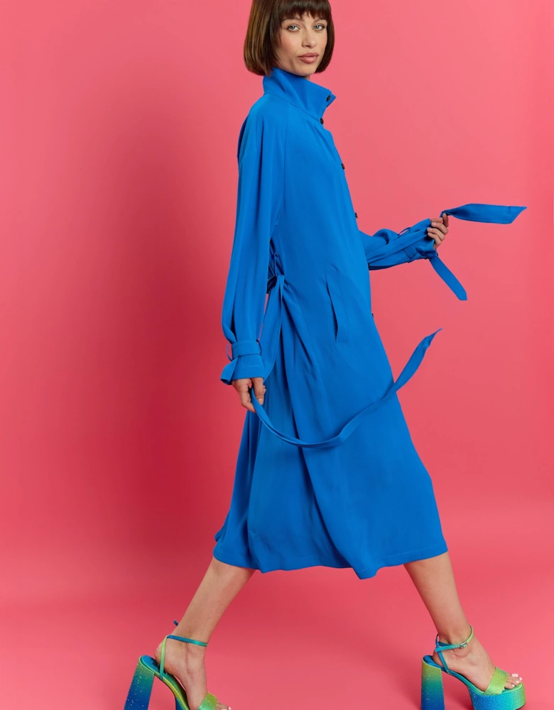 Blue Hemp Lyocell Blend Turtleneck Trench Dress