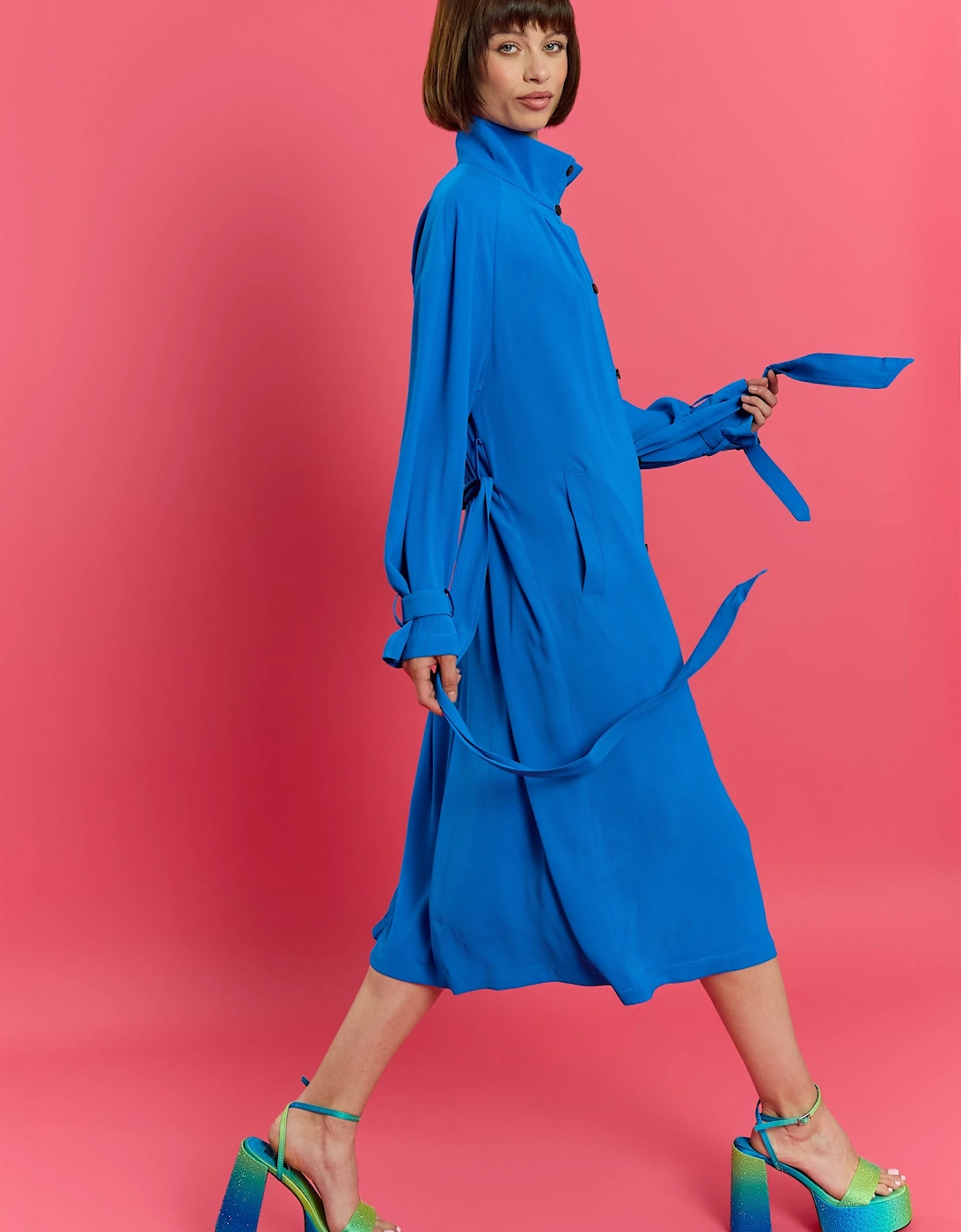 Blue Hemp Lyocell Blend Turtleneck Trench Dress