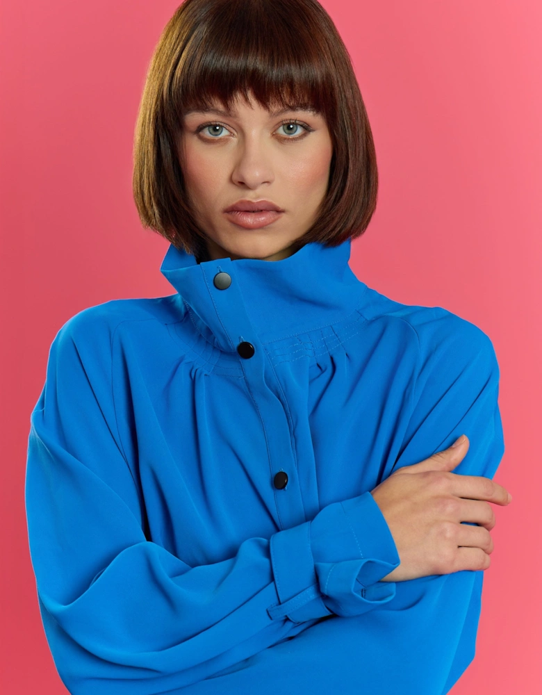 Blue Hemp Lyocell Blend Turtleneck Trench Dress