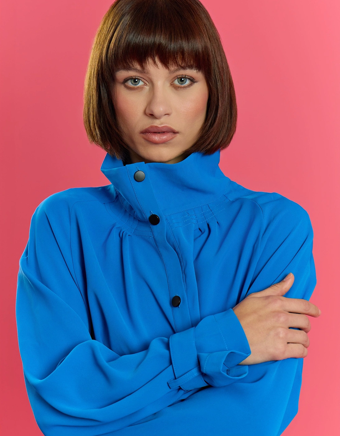 Blue Hemp Lyocell Blend Turtleneck Trench Dress