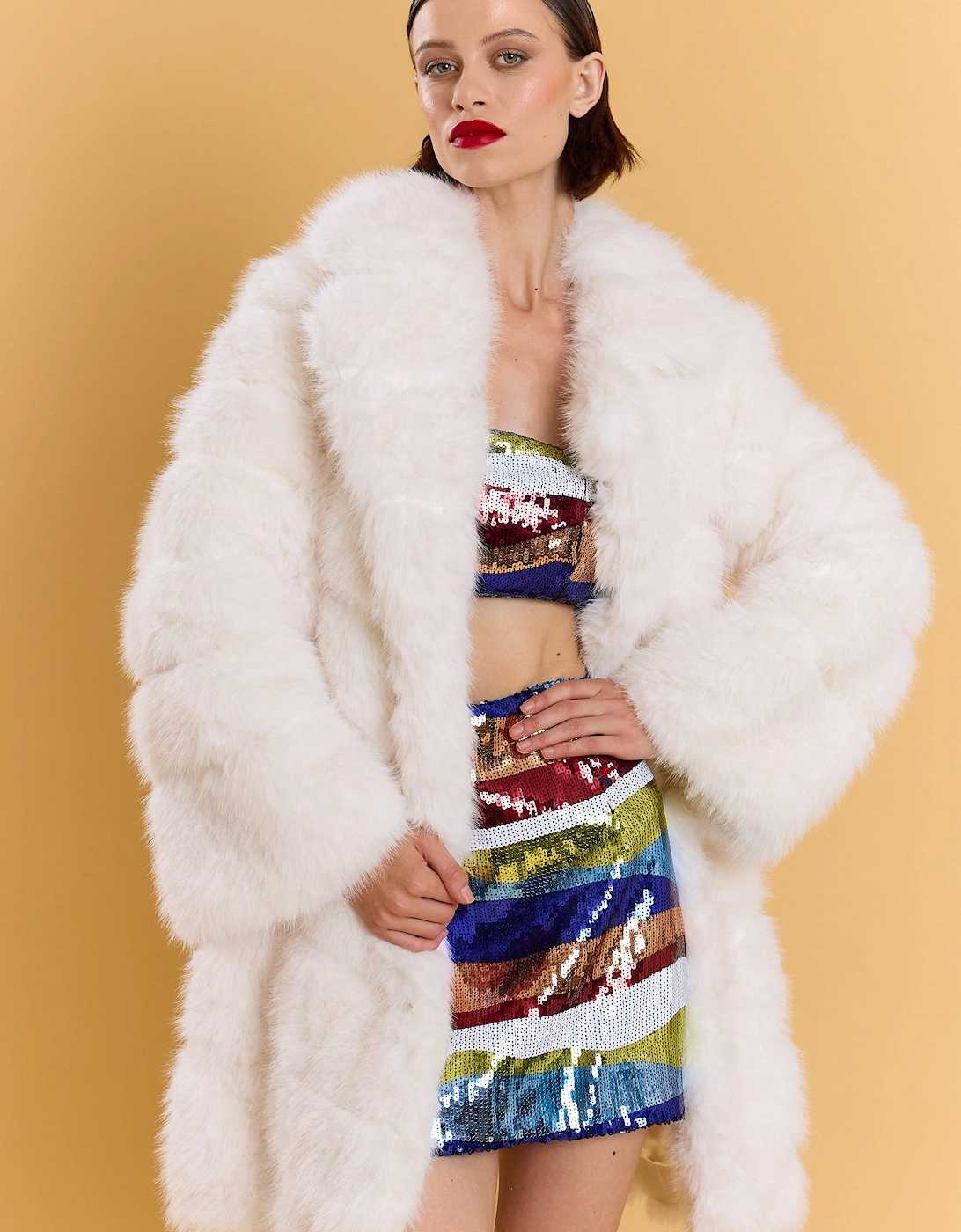 White Handmade Bamboo Blend Faux Fur Coat