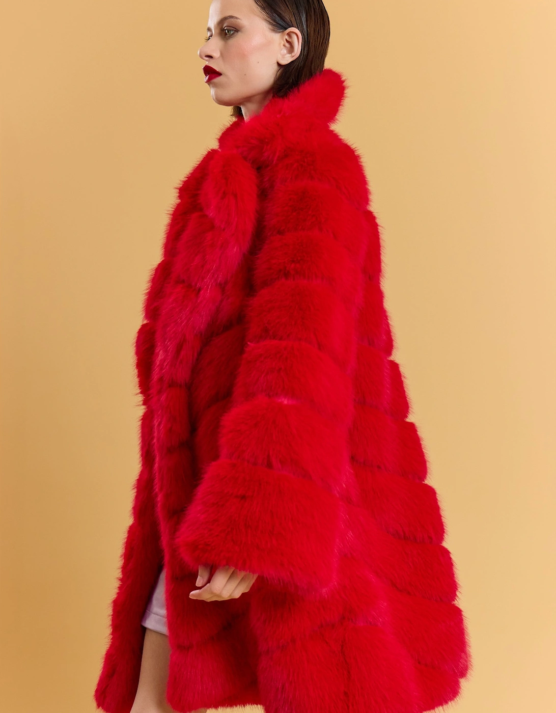 Red Handmade Bamboo Blend Faux Fur Coat