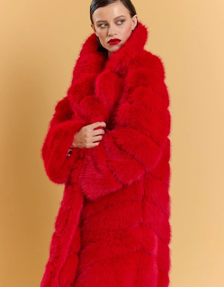 Red Handmade Bamboo Blend Faux Fur Coat