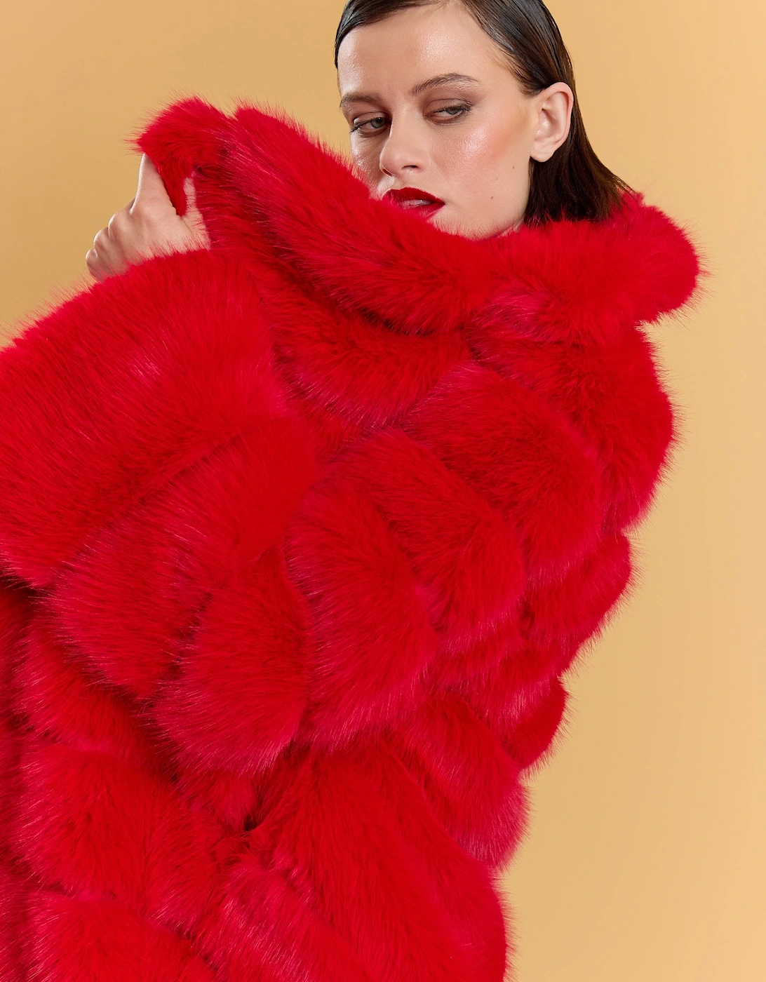 Red Handmade Bamboo Blend Faux Fur Coat