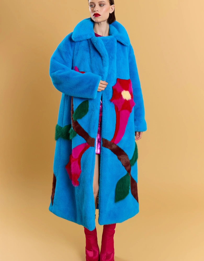 Blue Hand Made Flower Bamboo Faux Fur Coat