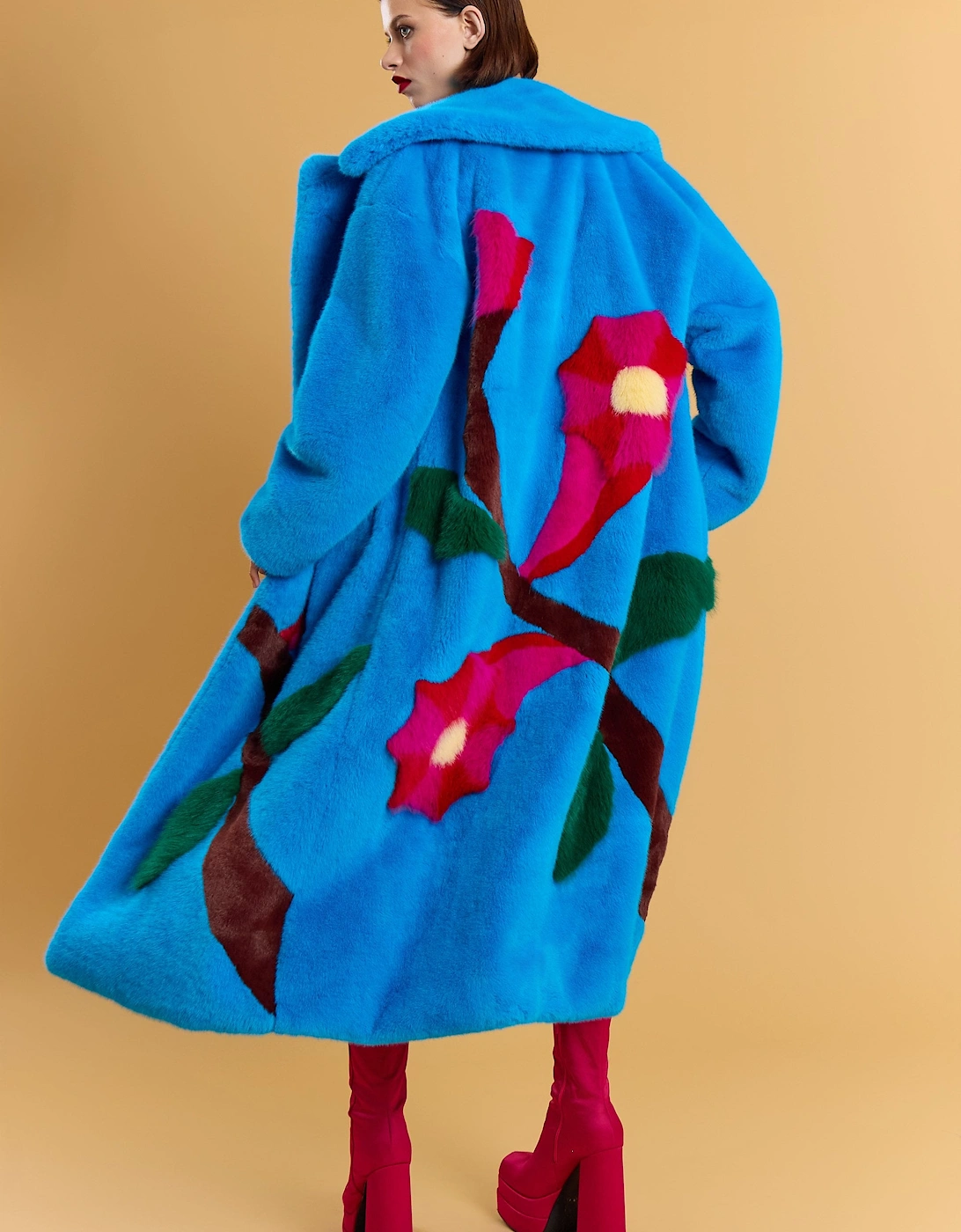Blue Hand Made Flower Bamboo Faux Fur Coat