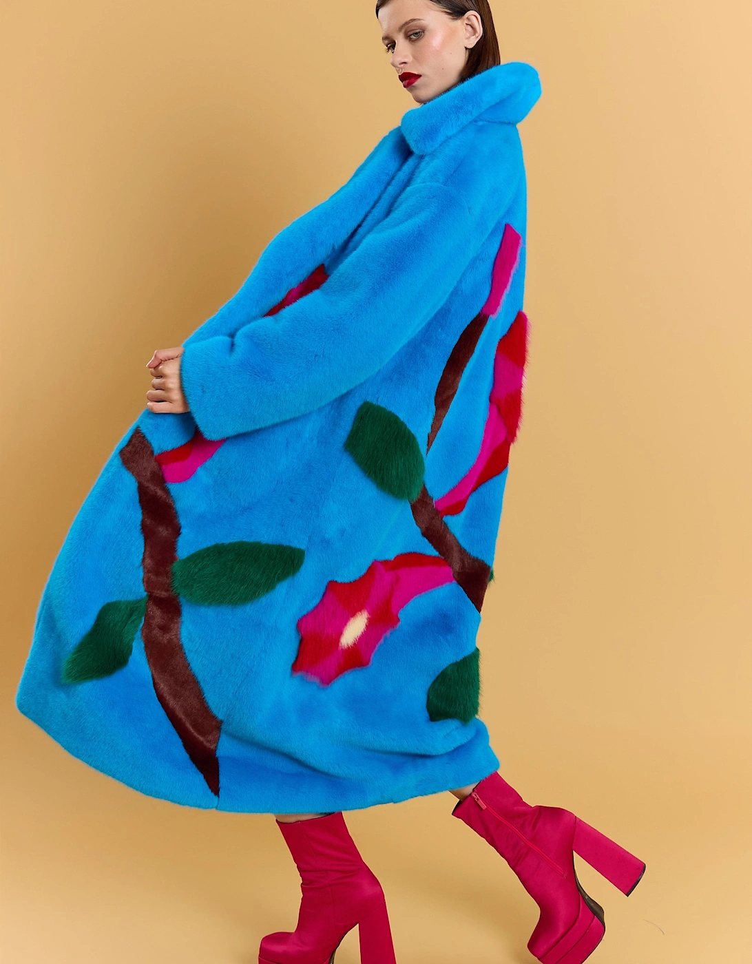 Blue Hand Made Flower Bamboo Faux Fur Coat