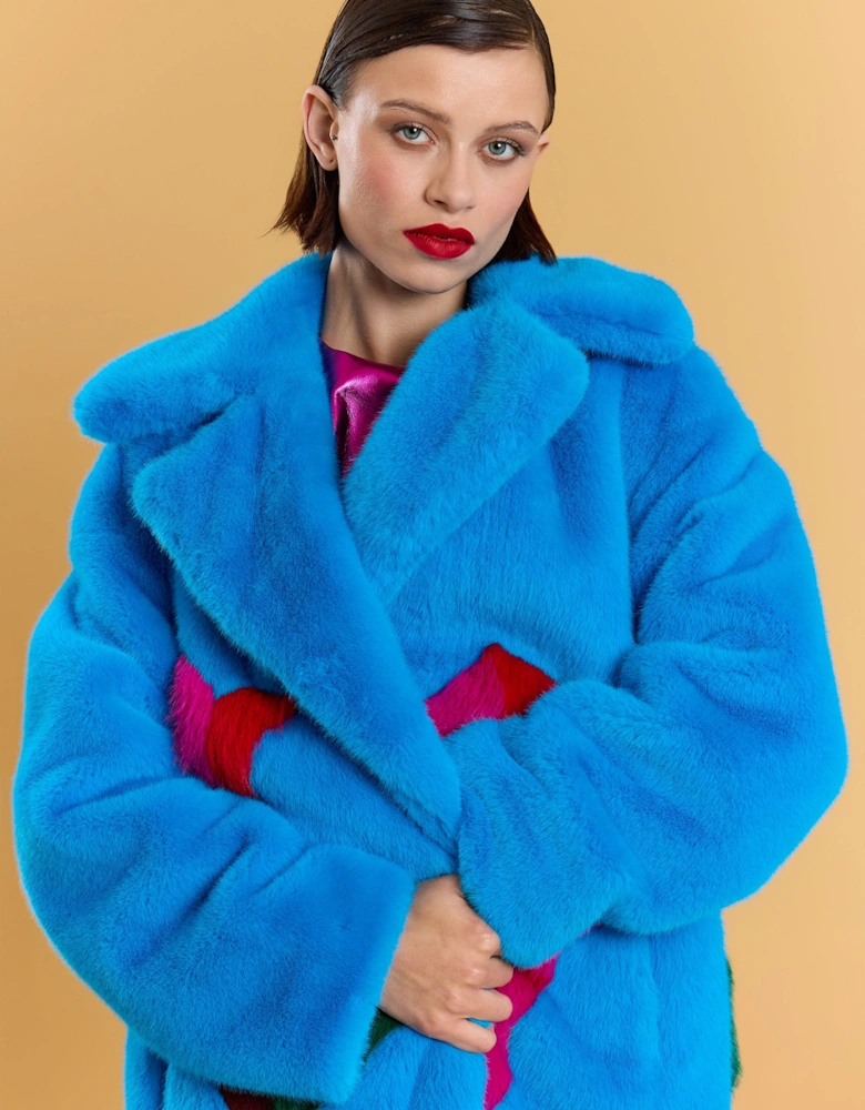 Blue Hand Made Flower Bamboo Faux Fur Coat