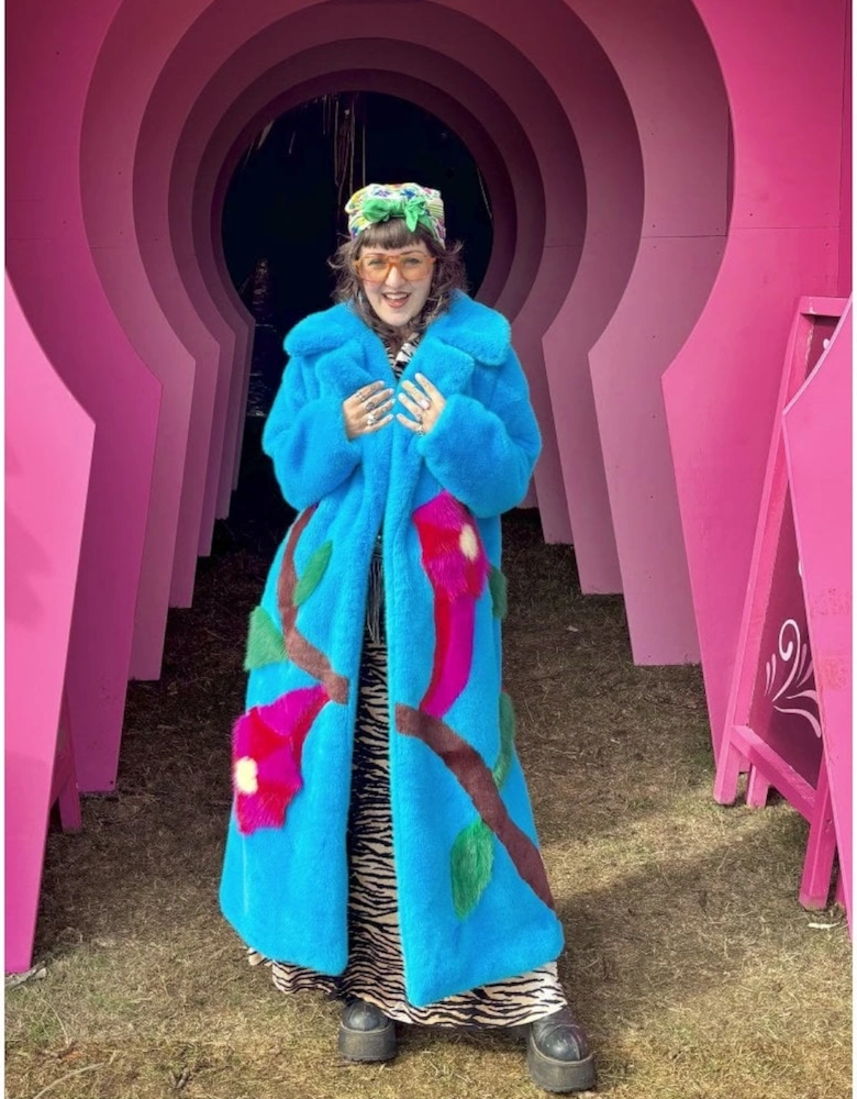 Blue Hand Made Flower Bamboo Faux Fur Coat