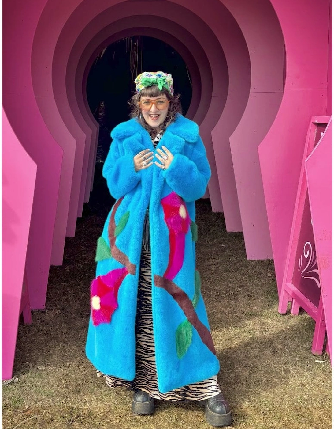 Blue Hand Made Flower Bamboo Faux Fur Coat