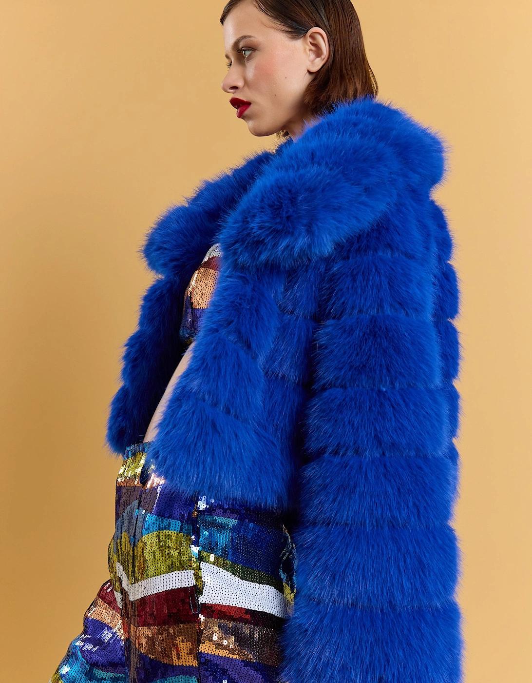 Blue Faux Fur Panel Cropped Coat