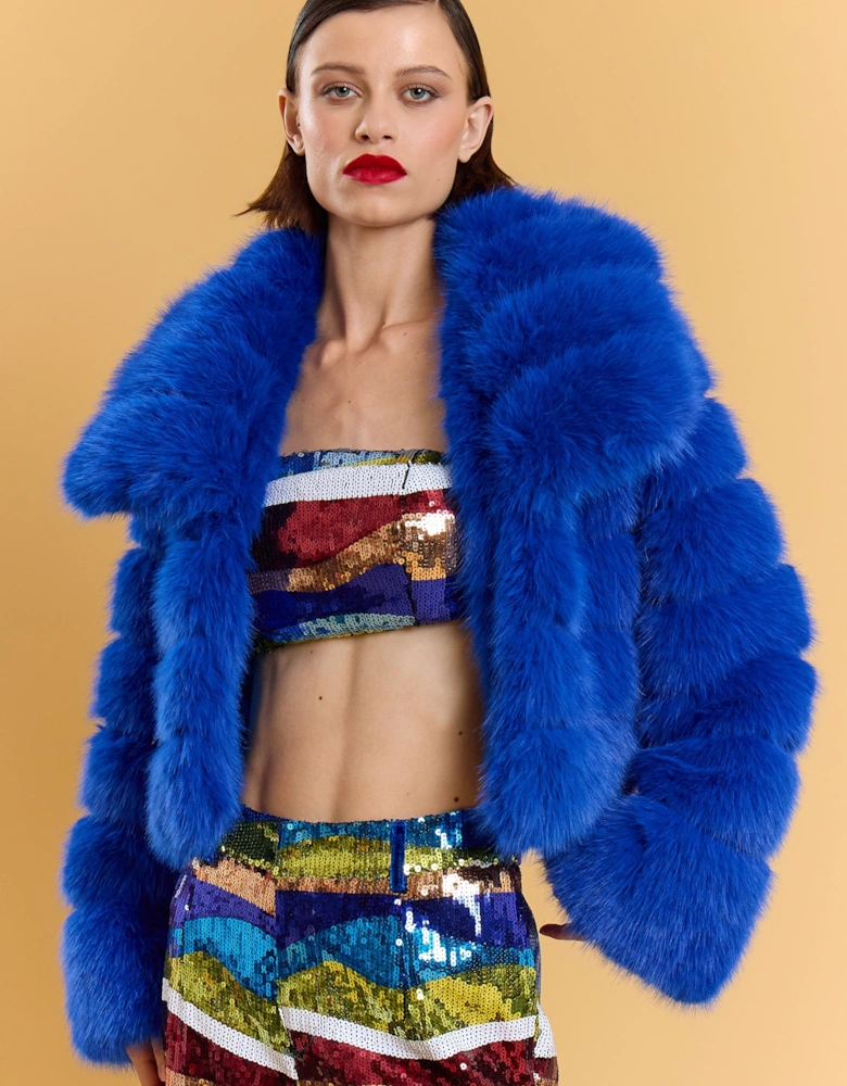 Blue Faux Fur Panel Cropped Coat