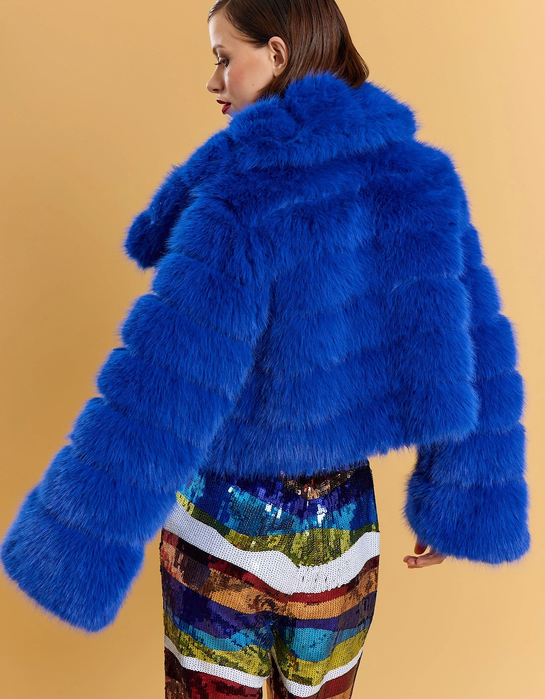 Blue Faux Fur Panel Cropped Coat