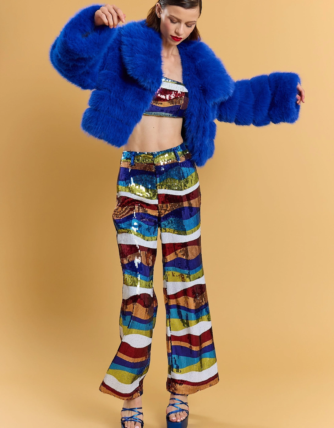 Blue Faux Fur Panel Cropped Coat