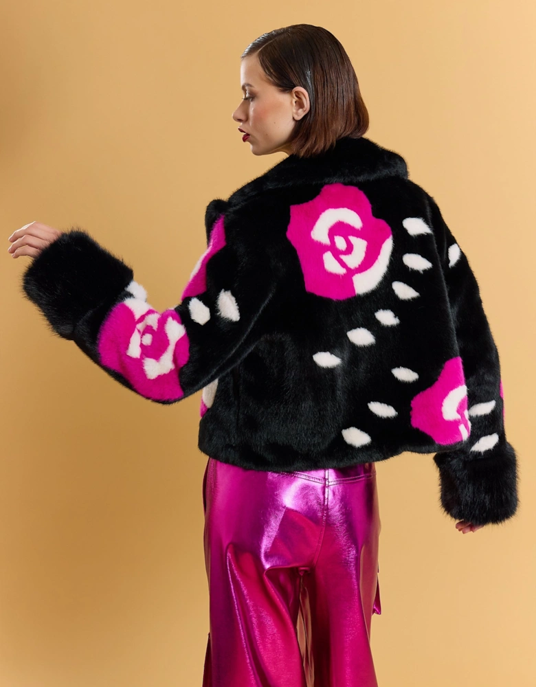 Black and Pink Bamboo Faux Fur Love Jacket