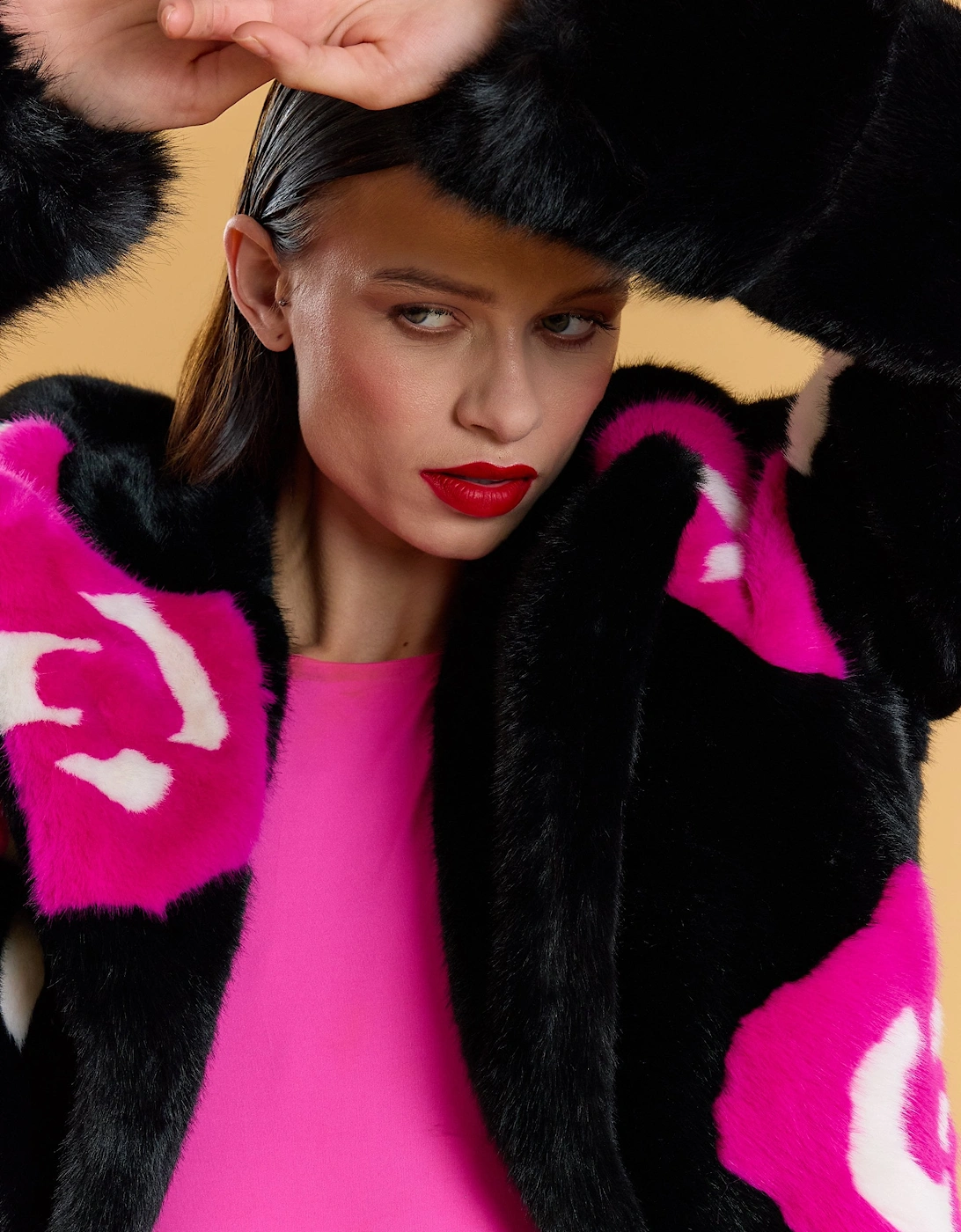 Black and Pink Bamboo Faux Fur Love Jacket