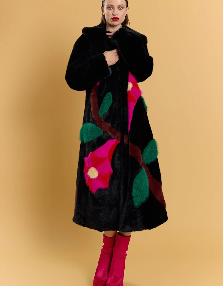 Black Hand Made Flower Bamboo Faux Fur Coat