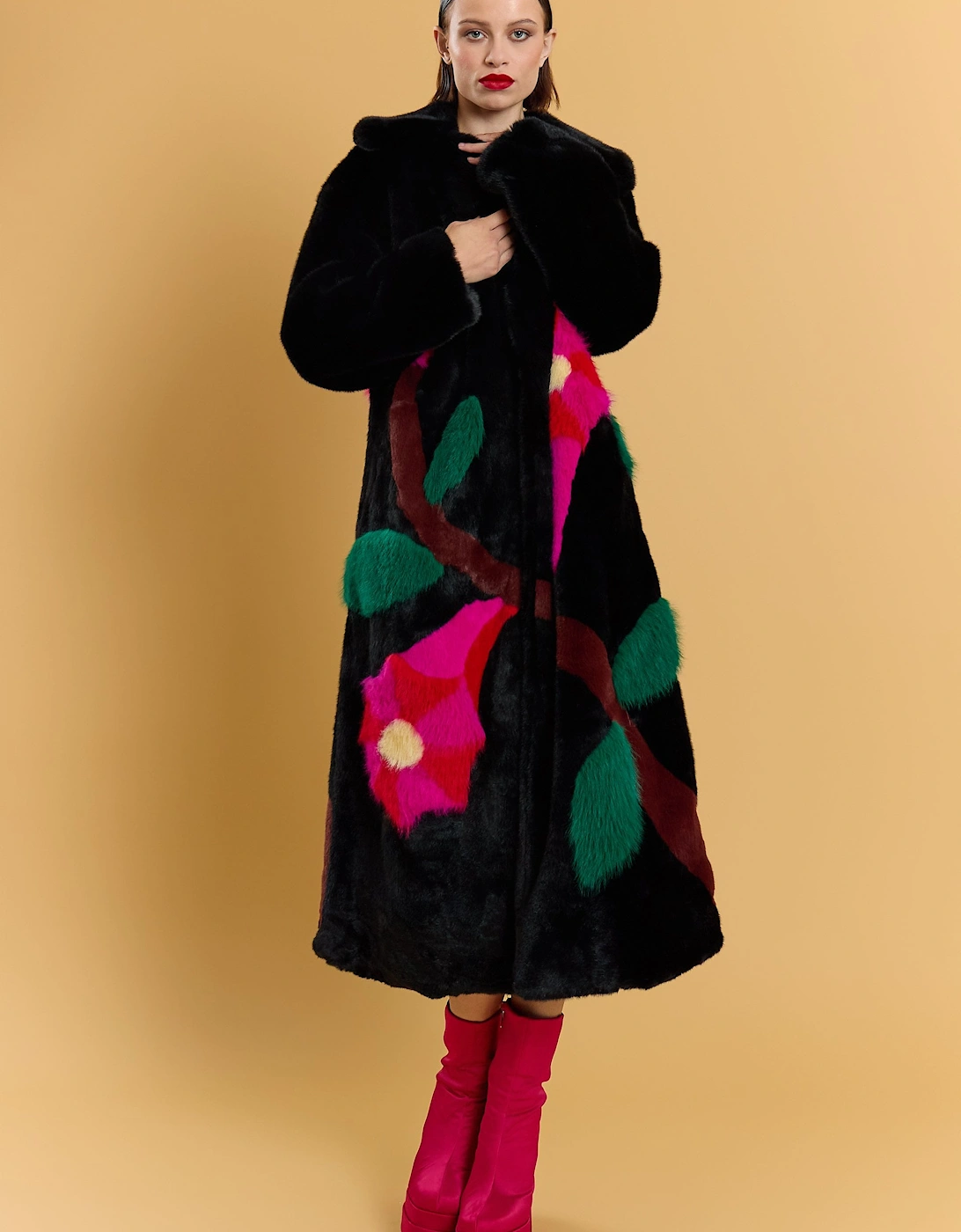 Black Hand Made Flower Bamboo Faux Fur Coat, 5 of 4