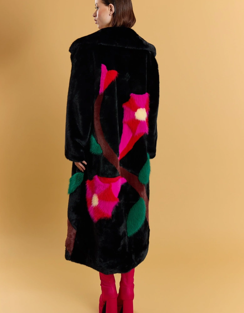 Black Hand Made Flower Bamboo Faux Fur Coat