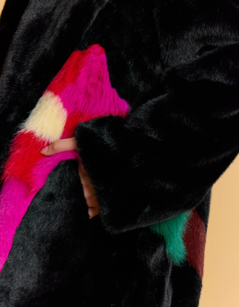 Black Hand Made Flower Bamboo Faux Fur Coat