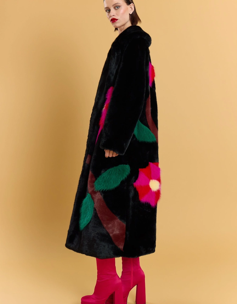 Black Hand Made Flower Bamboo Faux Fur Coat