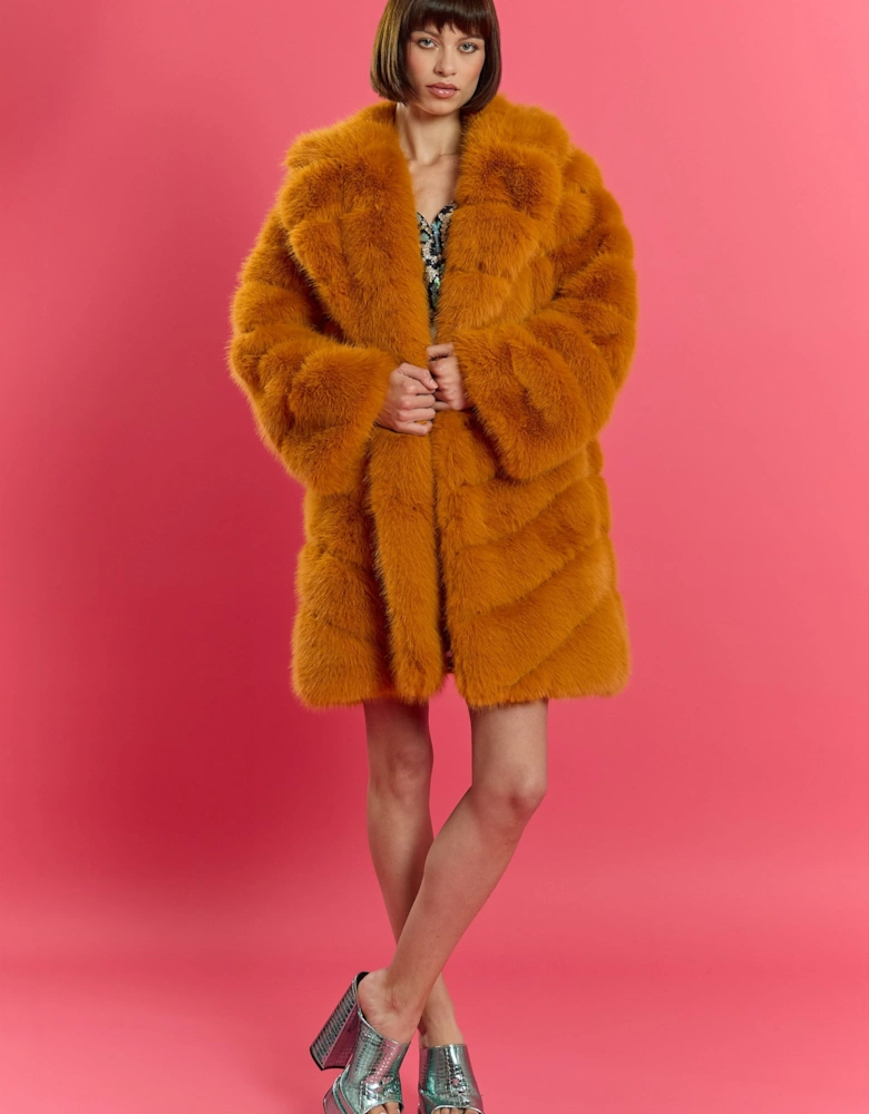 Yellow Handmade Bamboo Blend Faux Fur Coat