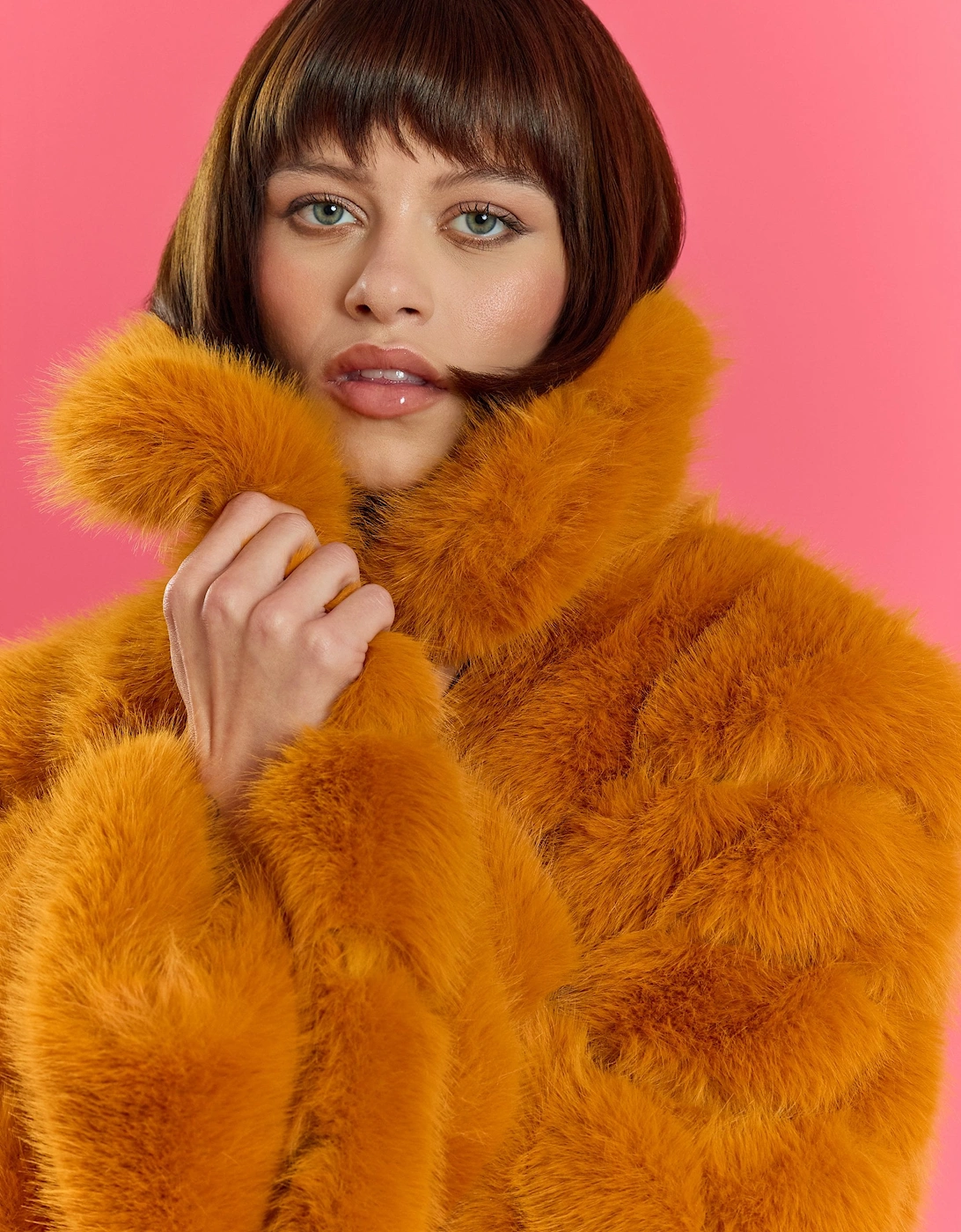Yellow Handmade Bamboo Blend Faux Fur Coat