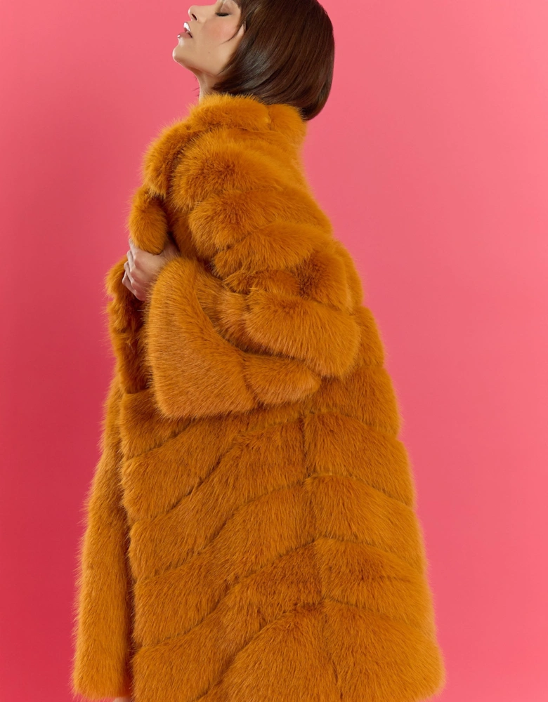 Yellow Handmade Bamboo Blend Faux Fur Coat