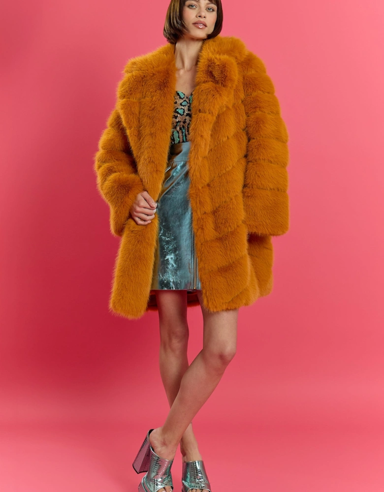 Yellow Handmade Bamboo Blend Faux Fur Coat