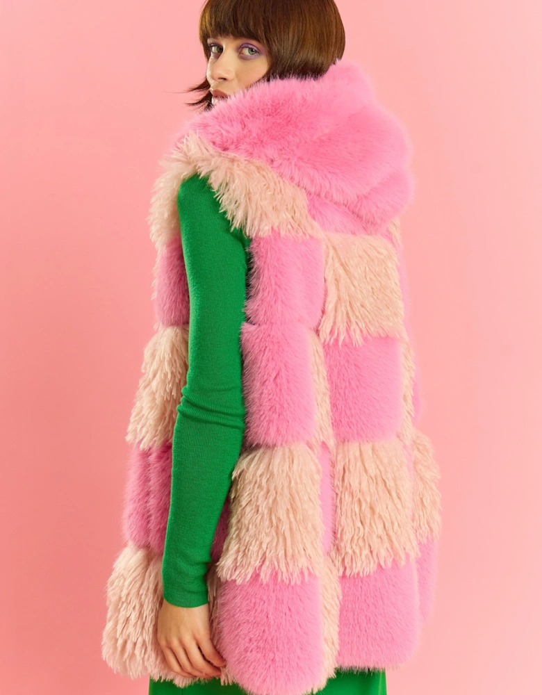 Pink Hand Made Bamboo Faux Fur Check Gilet
