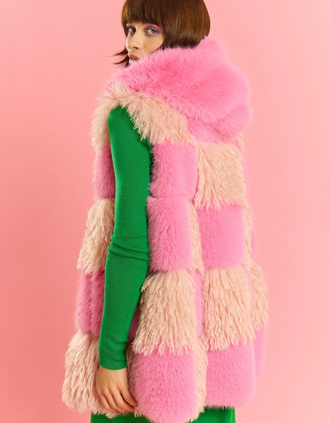 Pink Hand Made Bamboo Faux Fur Check Gilet